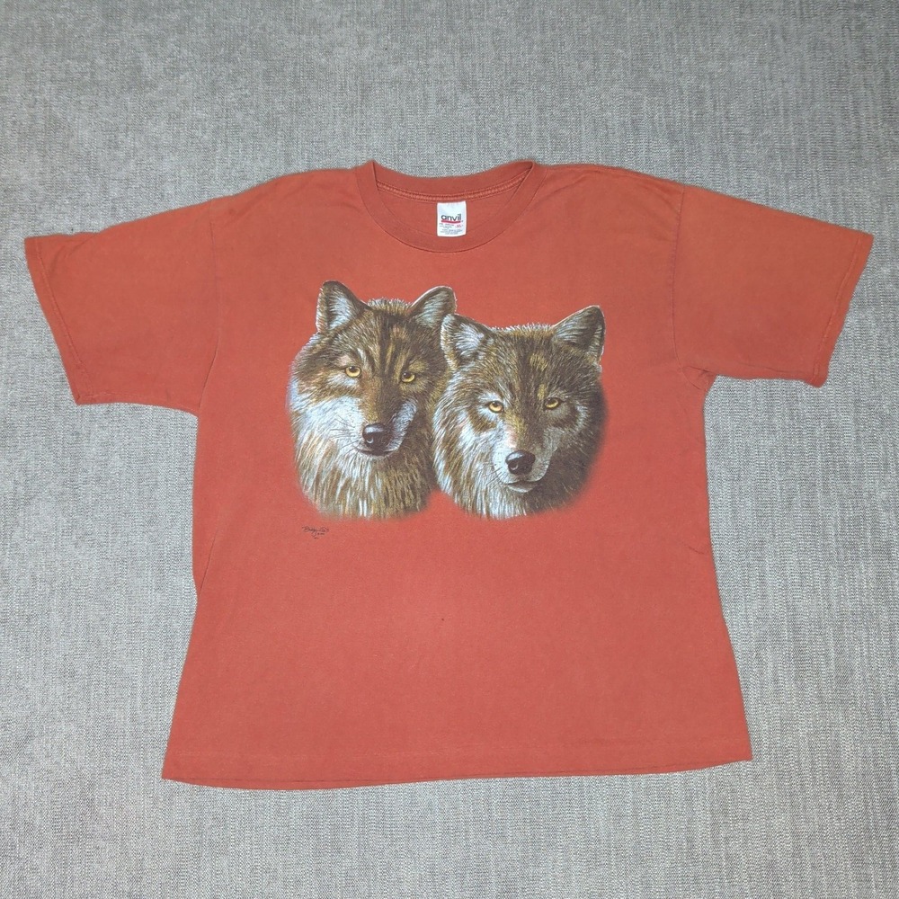 Vintage 1996 Anvil Wolf Graphic T-Shirt XL Burnt Orange Cotton Billy Gs 90s Tee